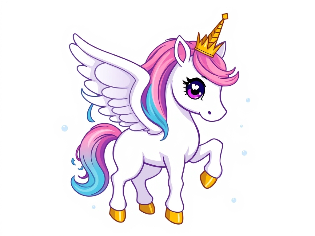 یک پونی تکشاخ بالدار سفید با موهای آبی صورتی و چشم های بنفش قلبی و ثم های طلایی و تاج طلایی روی سر که اطرافش پر از حباب است18