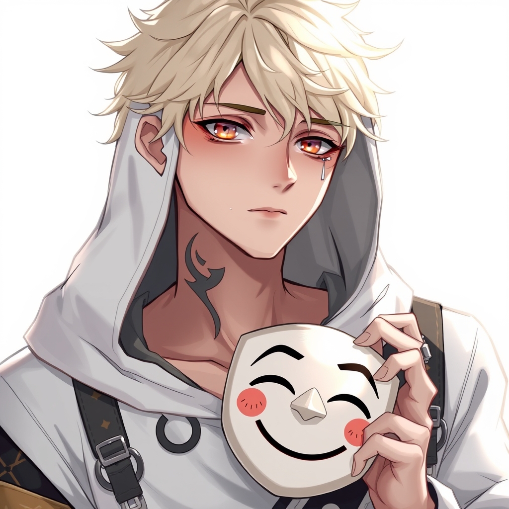 یه مرد قد بلند که ۱۸ سالشه و یه هودی سفید پوشیده و رو گردنش خالکوبی سایه رو داره و موهاش خامه ای هست و رنگش قرمز و مشکی هست و داره از چشماش یکم اشک میاد ولی یه ماسک خندان رو صورتش که چشمای اون ماسک ×+ هست و داره اون ماسک رو در میاره و نیم رخ صورتش پیداست و کلاه هودی رو سرشه⚫🔴⚪ 5