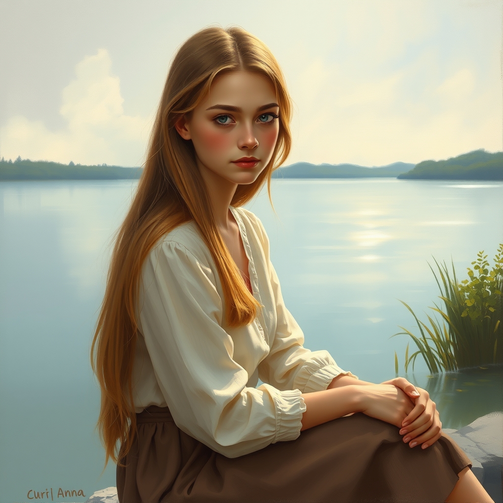 یک دختر مزلوم درون گرا با موهای بلند و طلایی با بلوز کرمی کم رنگ و با دامن قهوه ای روشن زیبا کنار دریاچه ی زیبا و با اسم آنا23