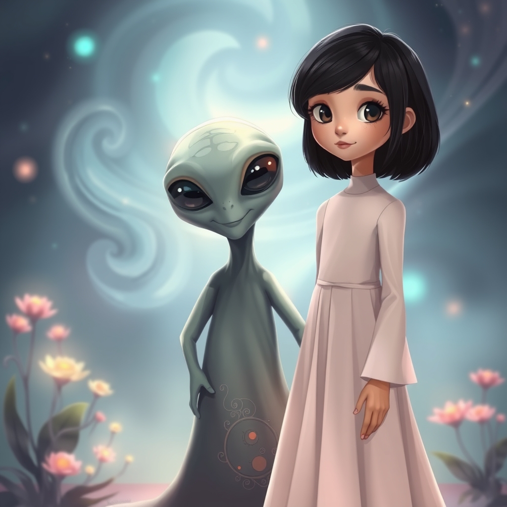 یه دختر زیبا با موکوتاه مشکی و
 یه آدم فضایی با پوست خاکستری و چشمای مشکی بزرگ که مهربان است در کنار هم ایستاده اند
16
