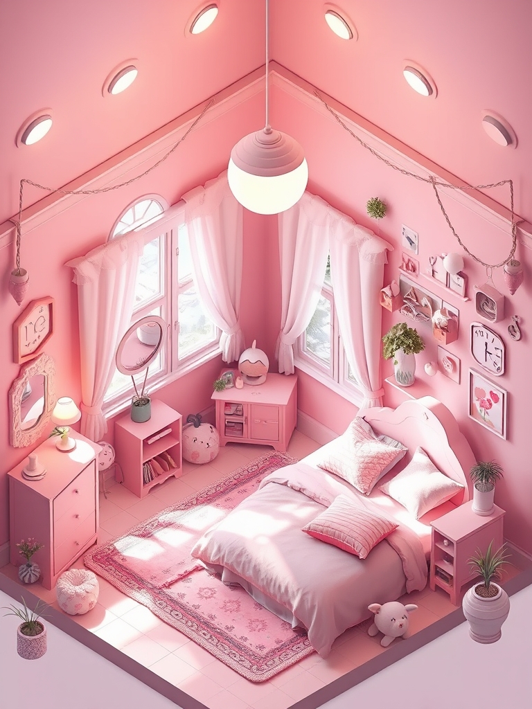 یک اتاق دخترونه صورتی کیوت فانتزی ایزومتریک17