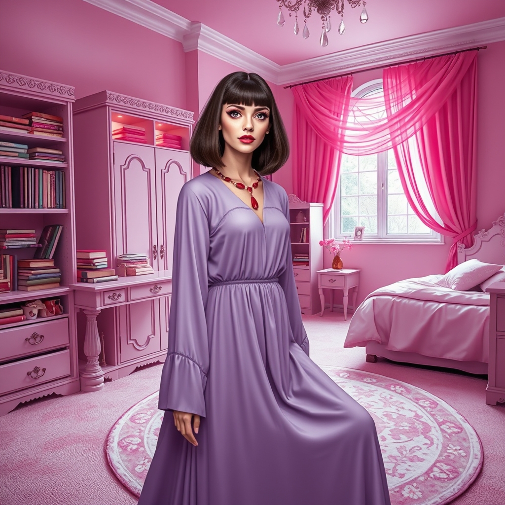 یه زن خوشگل خوشتیپ با لباس یاسی موهای مصری چشای صورتی ستین طرح‌دار دامن بلند لبای قرمز خط چشم بنفش پ‌های قرمز گردنبند او از جنس یاقوت است یلی زیباست و برق می‌زند یک اتاق کاملاً صورتی با میز تحریر دیواری و کلی کتاب و دفتر مشق و مداد روی آن یک پنجره خیلی بزرگ یک پرده صورتی یک کمد دیواری شیک و باکلاس که آن هم صورتی است یک تخت خواب پرنسسی صورتی خیلی خوشگل با برق مخفی که آن هم صورتی است یک گلیم فرش نرم و به شکل دایره و خوشگل و کلی جزئیات دیگر14