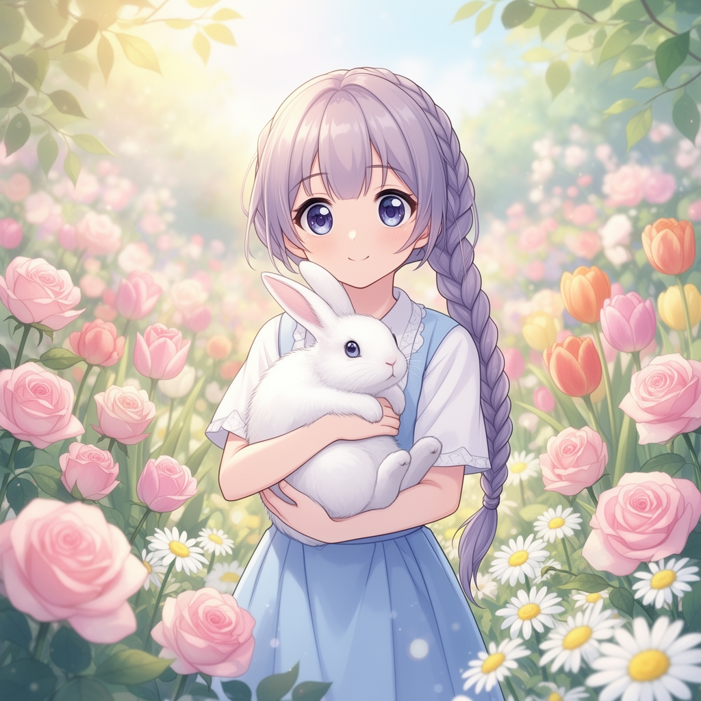 یک دختر بانمک با موهای بلند و بافت زده که در باغ پر از گل با یک خرگوش سفید برفی1
