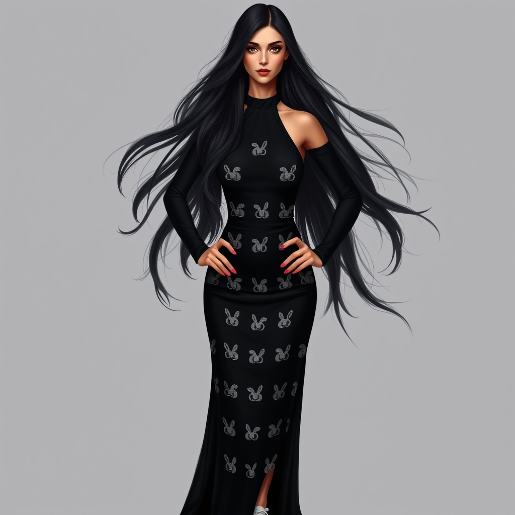 هما با موهای خیلی بلند و مشکی و چشمان درشت قهوه ای تیره و مژه های خیلی بلند و اندام خیلی رو فرم و یک بلوز آستین کوتاه مشکی که بار نگ سفید رویش 🐰♾باشد و یک شلوار مشکی و کتونی سفید که دست به کمر ایستاده عکس قدی و با کیفیت باشه13