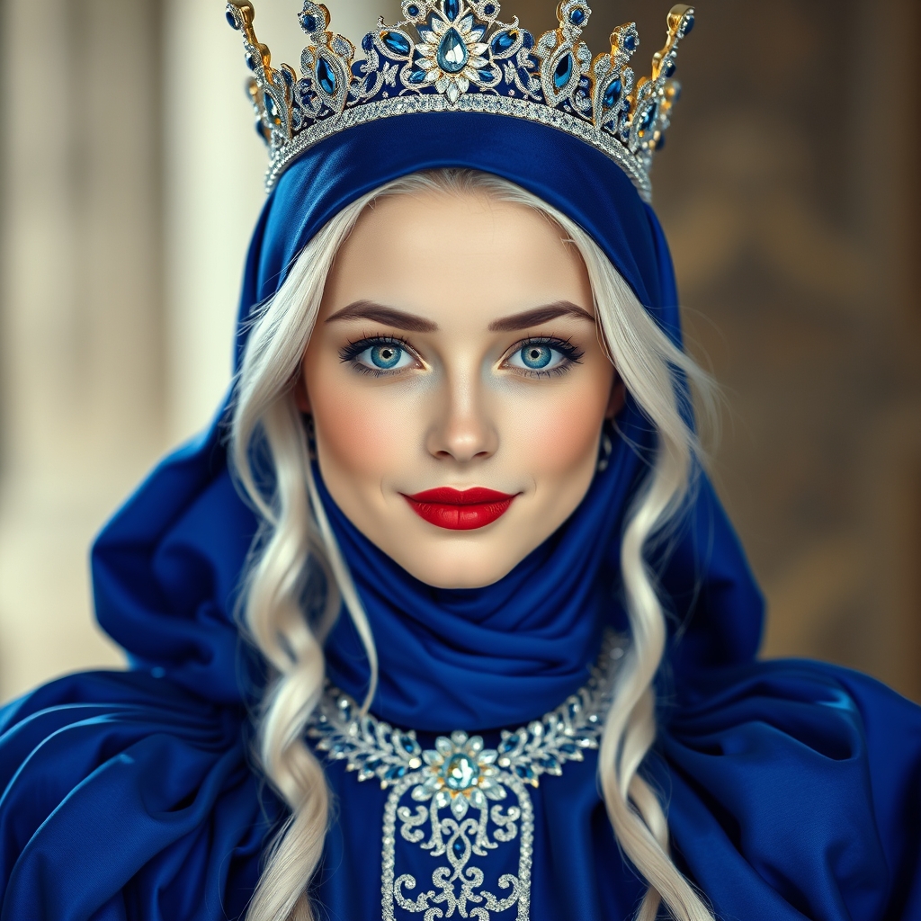 لباس سلطنتی آبی کریستالی پف دار
تن ملکه زیبا و جوان با موهای بلند که رنگ موهاش سفید باشه و لب های سرخ آبی پر رنگ با چشم های آبی پوست صورتش سفید رژ گونه کم رنگ صورتی با تاجی بلند و براق ظریف کمی خندان مهربان و مرتب 😍😍3