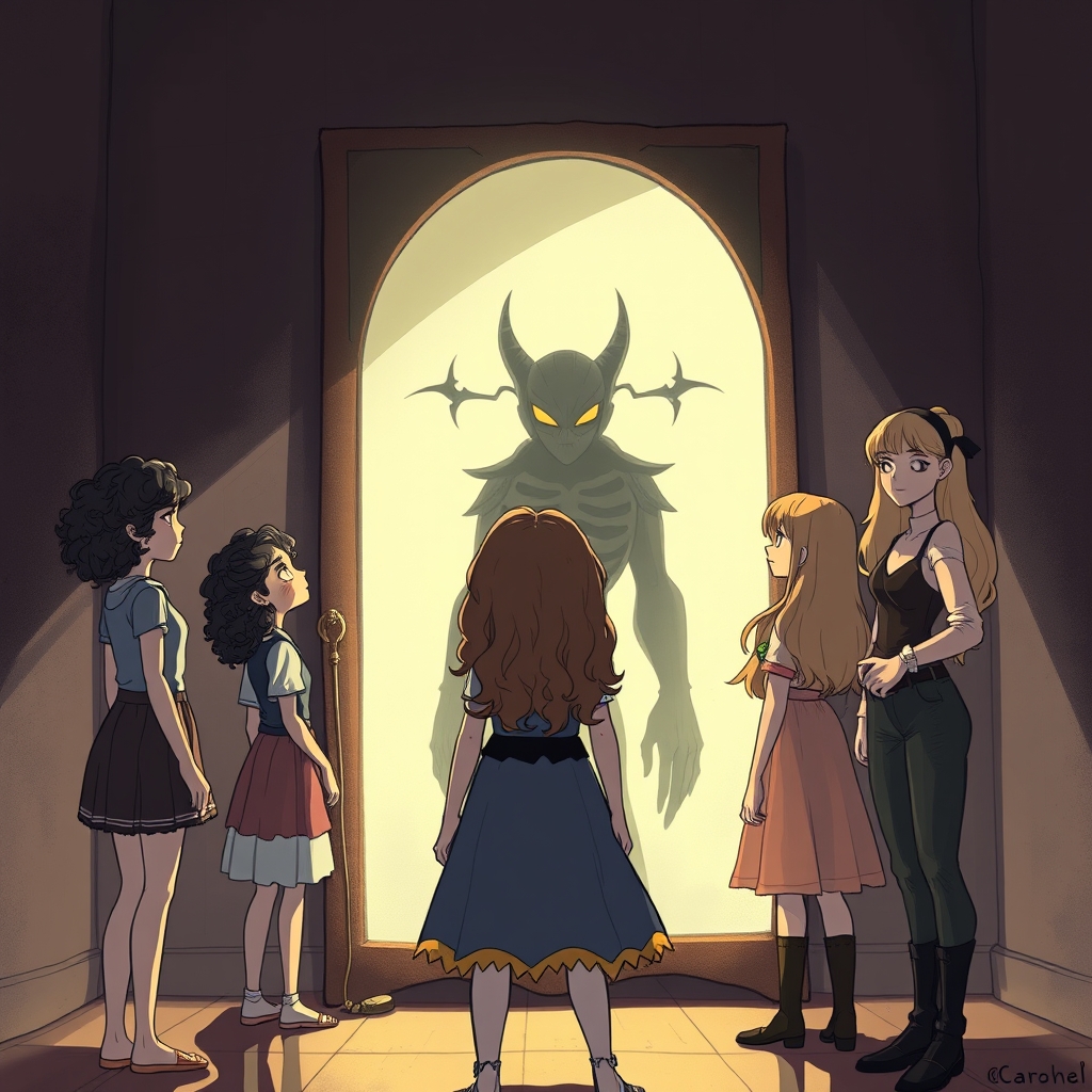 یک آیینه بزرگ در اتاق تاریک، با نور ملایمی که می‌تابد. مایا 14ساله با موهای فرفری تیره و کنجکاوی به تصویر در آیینه نگاه می‌کند. آیریس 14ساله با موهای قهوه‌ای مجعد و چهره‌ای زودباور نزدیک او ایستاده است. انیا، 14ساله دوست قد بلند و منطقی با موهای بلند و صاف مشکی، آرامش را حفظ کرده و مایل به کمک است. ساینا 15سا با موهای طلایی و لباس مد روز وارد می‌شود و نگاهی مغرور به آیینه می‌اندازد. ناگهان، شیطان تاریکی با ظاهری ترسناک و لبخند مرموز از داخل آیینه به آن‌ها نگاه می‌کند و فضایی پر تنش ایجاد می شود22