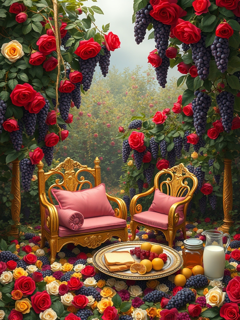 باغ گل سرخ پر درختان خوشه انگور و گل سرخ زمین پر خوشه های انگور در رنگ های سرخ زرد سفید سیاه زمین هم پر گل سرخ و خوشه انگور با یک میز طلایی و مبلمان تک نفره طلایی با کوسن های صورتی و سینی نقره پر نان کره خامه عسل میوه شیر12