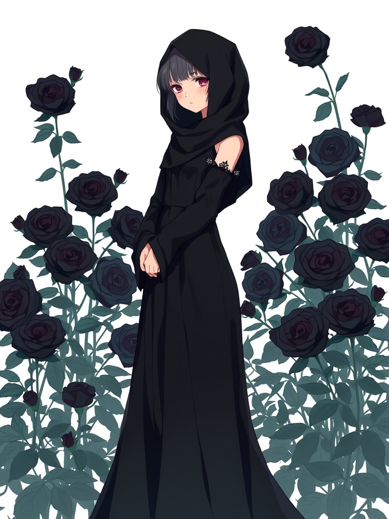 دختر زیبا درمیان گل رز مشکی در حالی که یه ماه زل زده بالباس مشکی بلند 1