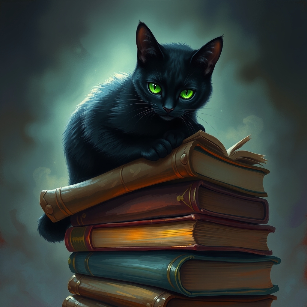 یک گربه سیاه مرموز با چشمان سبز درخشان، نشسته روی انبوهی از کتاب‌های قدیمی.10