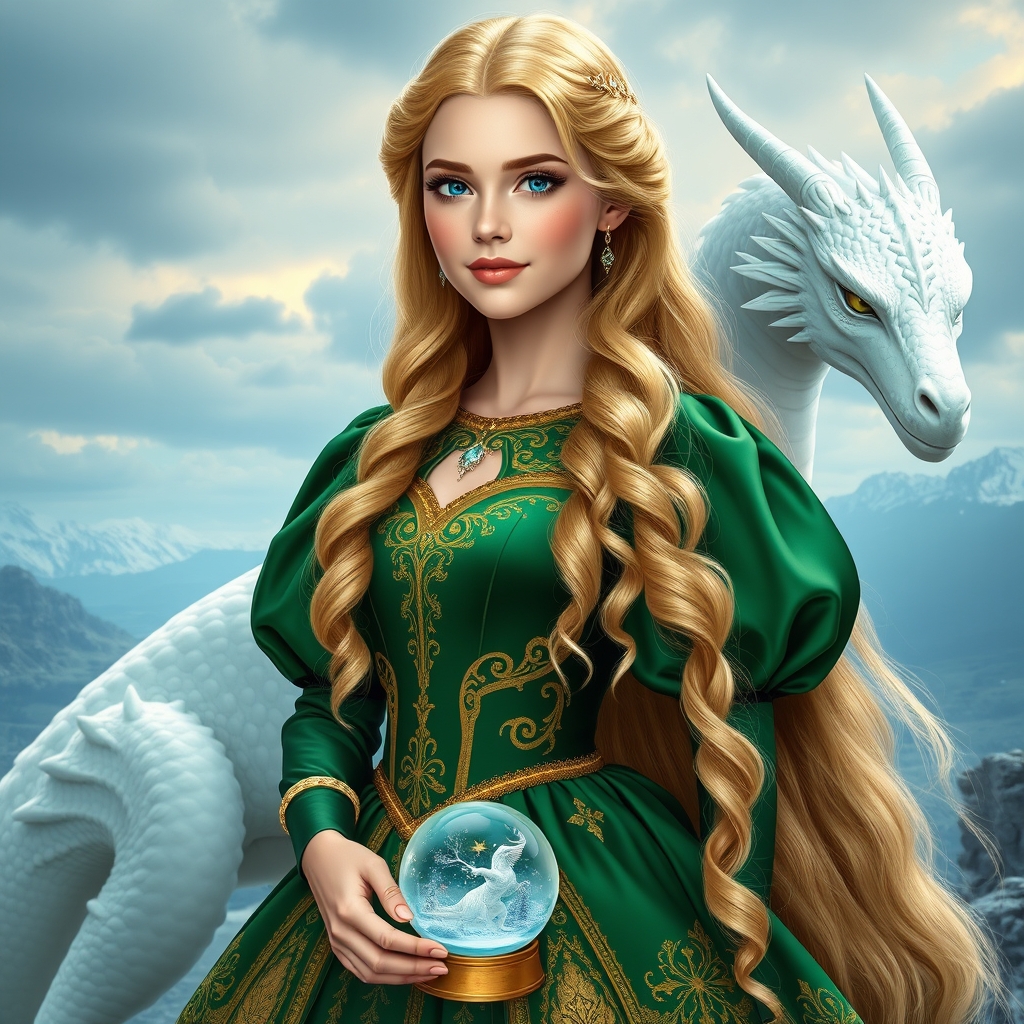 زیباترین دختر جوان در جهان حتی در رویایی که از شدت زیبایی همه بهش سجده کنند  20 ساله با مو های طلایی بسیااار بلند و خالت دار که چندین متر روی زمین هست، پوست سفید ، گونه های صورتی و چشم های ابی کریستالی که از هفت رود خانه مقدس درون چشمانش ، که یه پیراهن پرنسسی پفی بسیارر زیبای سبز زمردی و طلایی اشرافی پوشیده گوشواره ودر دستانش گوی برفی باشه
و در کنارش اژدهای سفید رنگ يخي باشد و پشت سرش جایی رویایی باشد ببینیم رویایی چیکار می‌کنه18