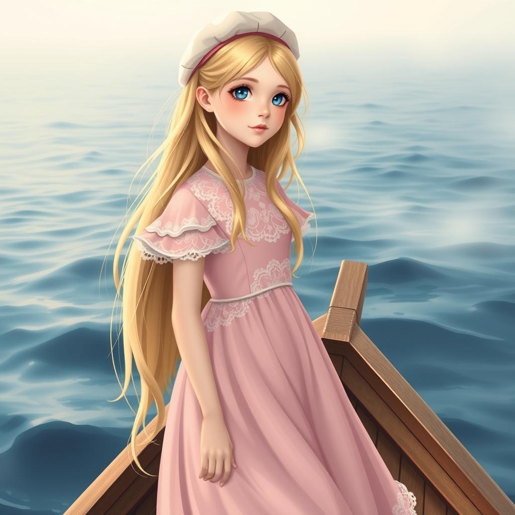 دختری با موهای طلایی بلند براق و حالت دار که شکوه خدا را داشته باشد و با لبانی سرخ پوستی سفید همانند ماه با چشمانی آبی رنگ و لباس پرنسسی صورتی و روی تور لباسش شکوفه باشد و یک کلاه دوره دار سفید باشد که سوار بر قایق باشد و زیبایی دریا را نگاه میکند ببینیم رویایی چیکار میکنه16