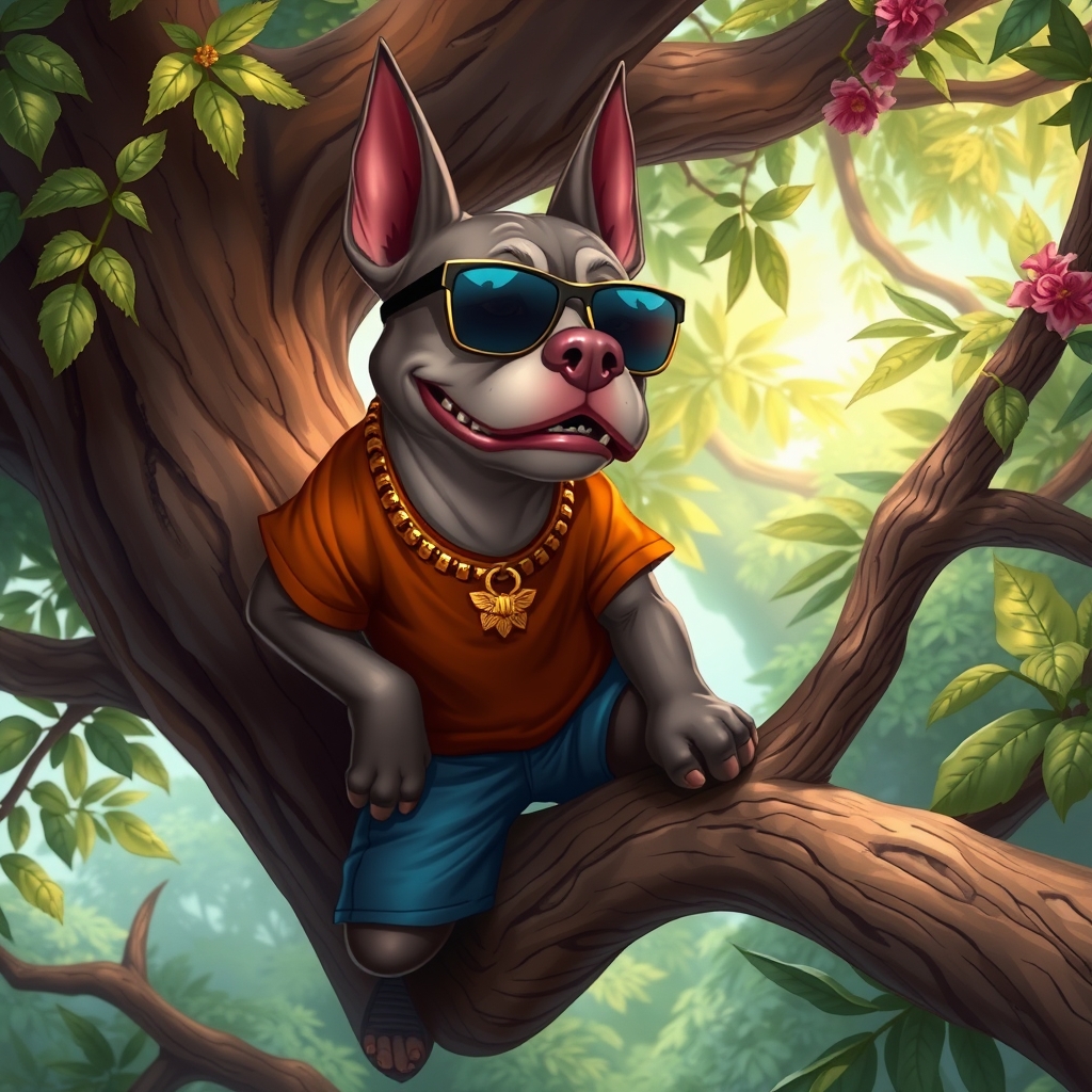 سگ نژاد پیت بول زبل تنها روی شاخه درخت ایستاده و تیشرت قهوه ای پوشیده با شلوارک آبی و یک گردن بند طلایی هم گردنشه و عینک دودی . یک شخصیت گنگ انیمیشنی با جزعیات طبیعت زیبا20