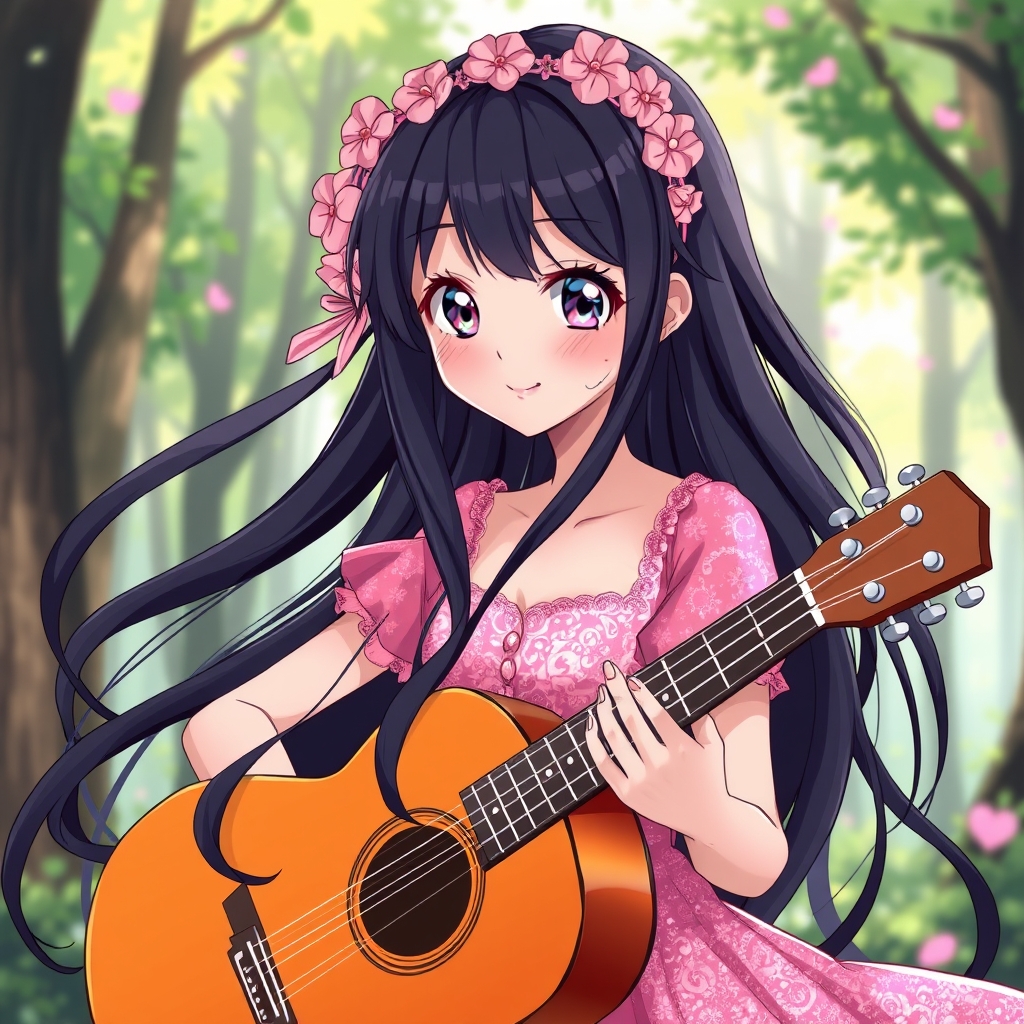 عکس یه دختر که درحال نواختن گیتار است و مو های مشکی و بلند دارد و مو های او باز است و چشم های صورتی دارد و لب های سرخ و لبخندی ملایم دارد و لباس او صورتی و اکلیلی و دامن دار مانند پرنسس ها است و روی مو های او گلسری به شکل گل صورتی است و پشت سر او جنگلی زیبا است و گیتار او نارنجی قهوه ای است 6