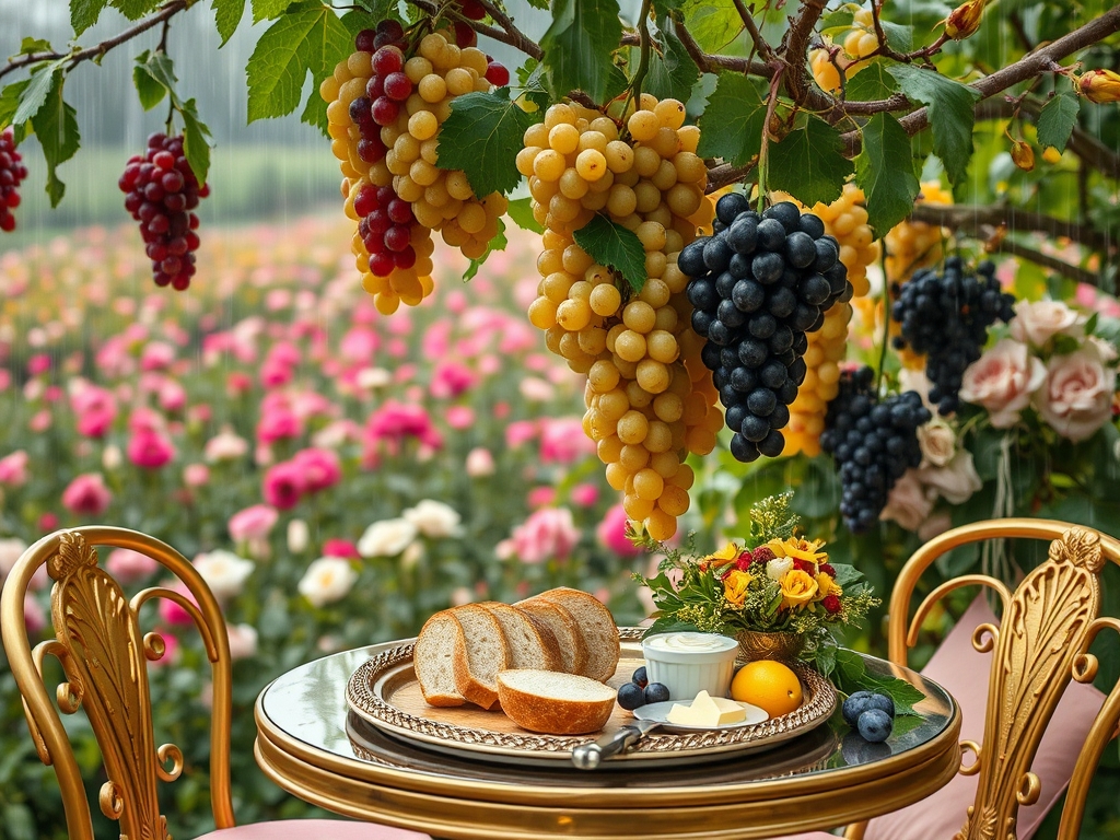 باغ بارانی پر خوشه های انگور در رنگ های سرخ زرد سفید سیاه زمین هم پر گل سرخ و خوشه انگور با یک میز طلایی و مبلمان تک نفره طلایی با کوسن های صورتی و سینی نقره پر نان کره خامه عسل میوه شیر9