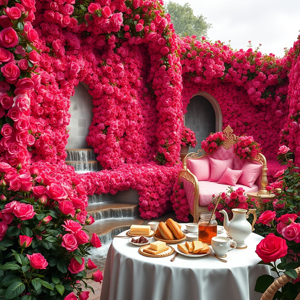 باغ گل رز سرخ و صورتی در و دیوار زمین همه جا سرتاپای باغ با رز سرخ و صورتی پوشیده شده
آبشاران جاری اند
رودها به هم می ریزند
یک طاق گل صورتی
یک تخت خواب سفید طلایی سلطنتی با کوسن صورتی
یک میز سفید و طلایی مجلل صبحانه
پر نان کره خامه عسل مربا شیر میوه 0