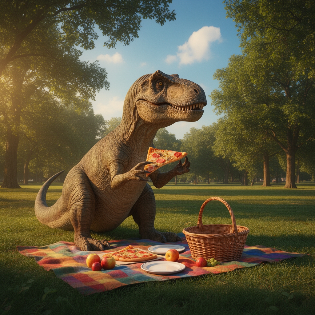 یک allosaurus در پارک به پیک نیک آمده است و درحال تماشای طبیعت خوردن پیتزا است1