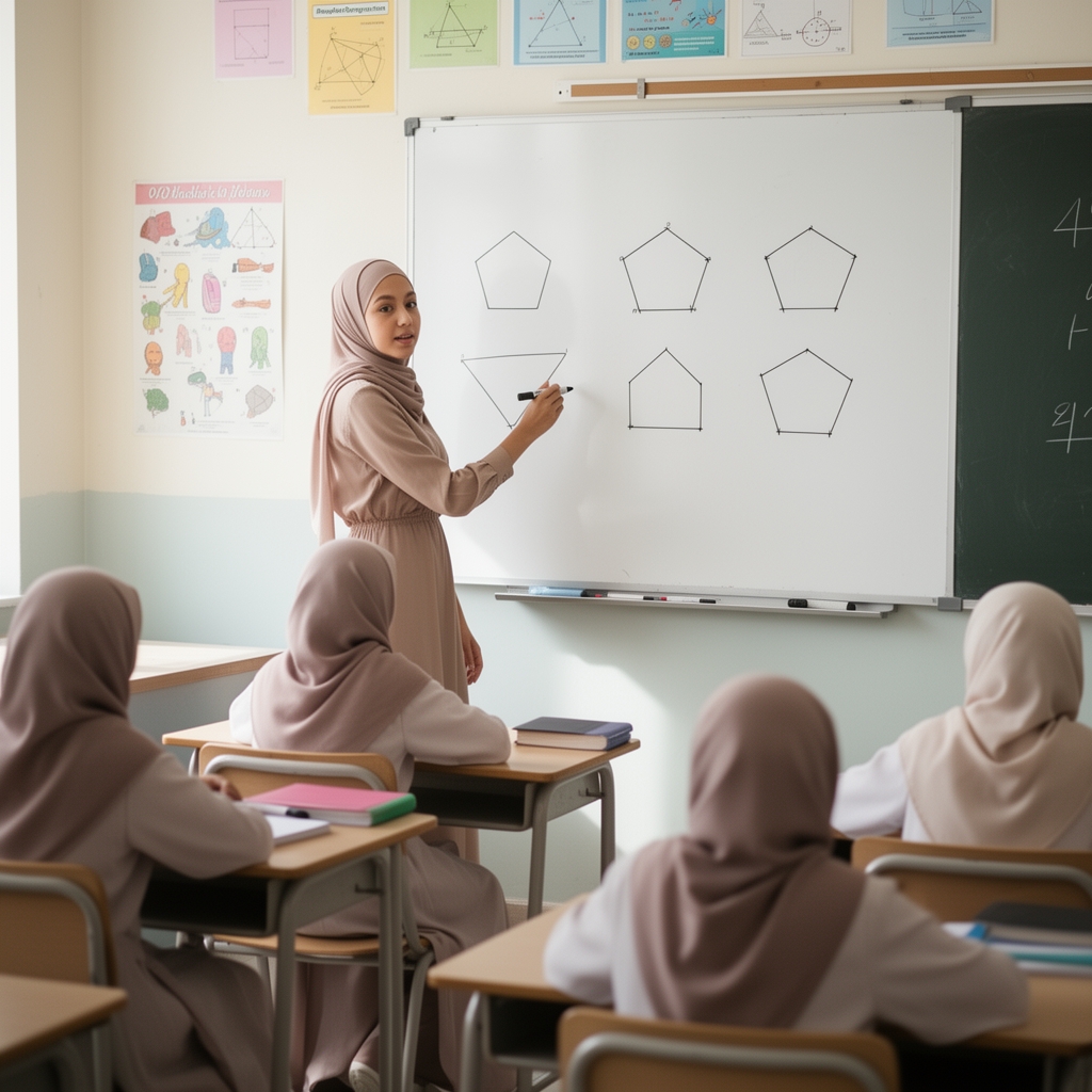 یک دختر با حجاب در کلاس ریاضی
و همکلاسی هایشو معلمش که بر روی تخته ی وایت برد چند ضلعی های منتظم کشیده شده است
فقط دختران در کلاس هستند و همه با حجاب هستند حتی معلم1