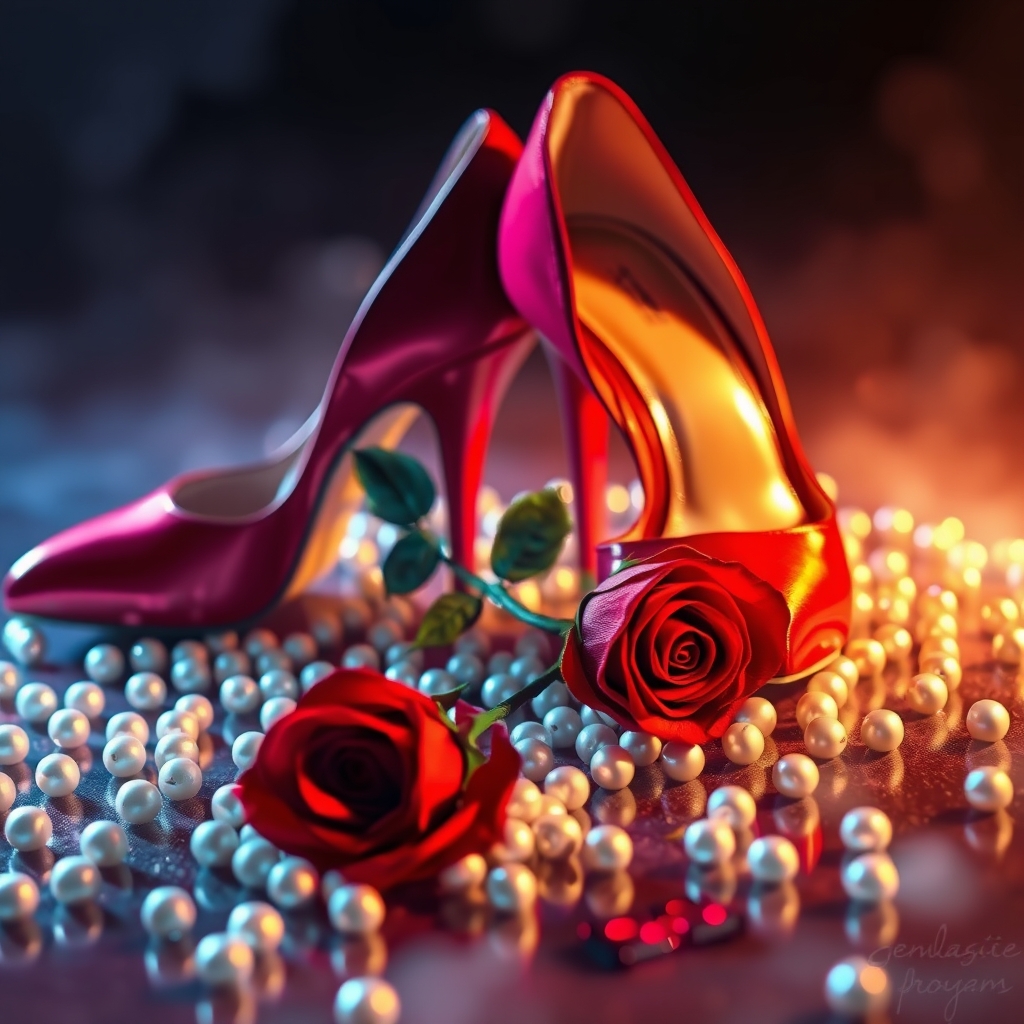 کفش پاشنه بلند قرمزی که کنارش مروارید های سفید ریخته.و گل رز قرمزی کنارش است11