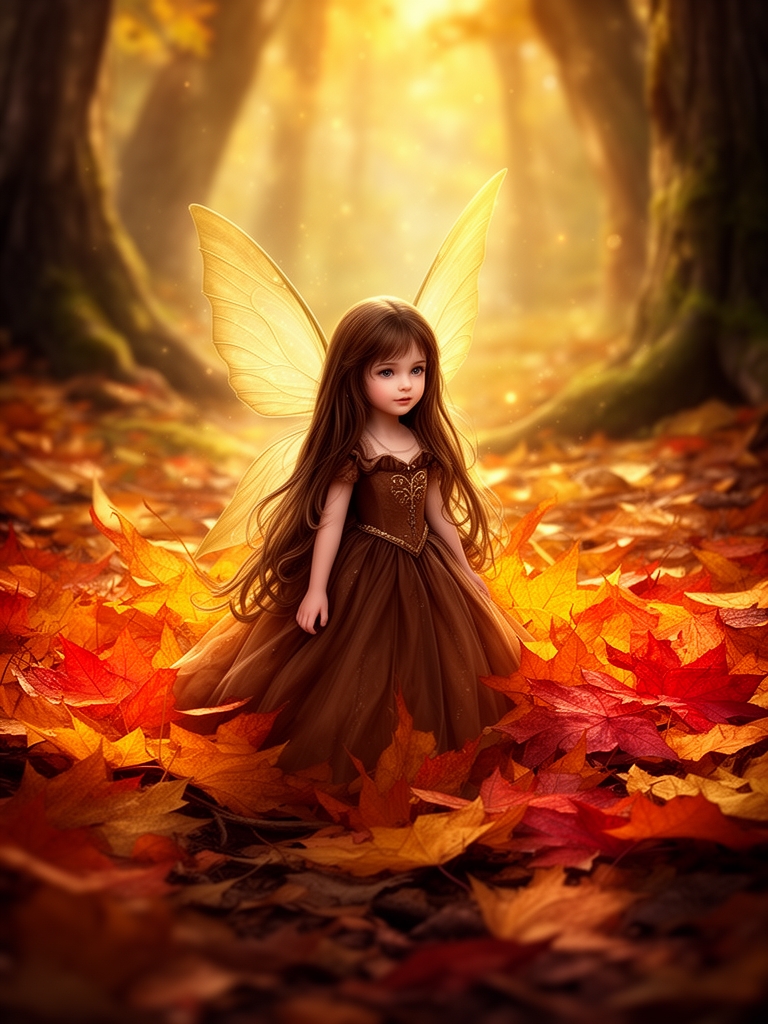 یک پری زیبا کوچولو با لباس پرنسسی قهوه ای و موهای بلند قهوه ای قایم شده لا به لای برگ های پاییزی1