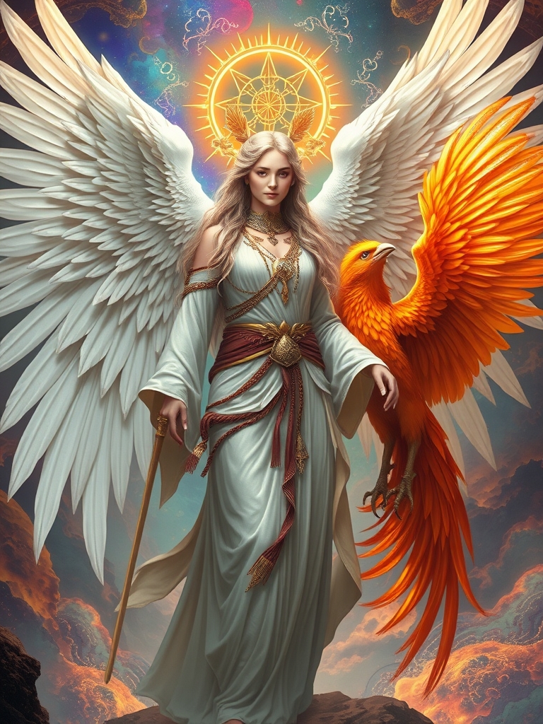 تصویری از یک الهه با بال های سفید که سرشون طلایی هست
در کنارش یک ققنوس است18