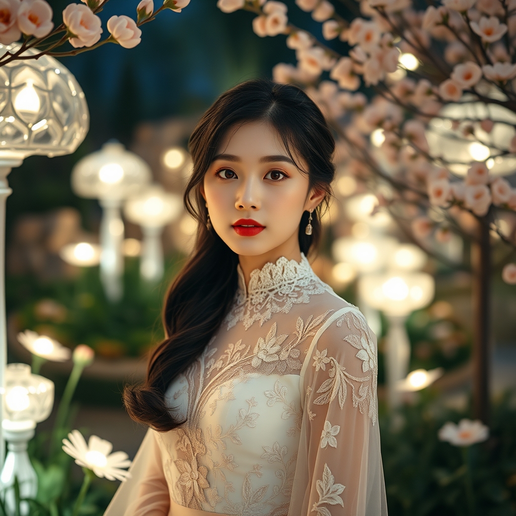 دختر کره ای بسیار زیبا و باوقار آرایش زیبا و لباس مجلسی توری مهتابی بسیار زیبا در باغ زیبای چراغانی دیزی لند شگفت انگیز و شیشه ای نورپردازی شده شکوفه هلو و ماه زیبا5