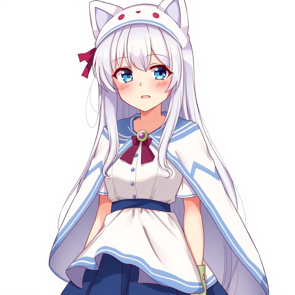 یه دختر با موهای بلند نقره ای و چشمای آبی لب های سرخ و لباس پرنسسی کوتاه تنش که یه شنل سفید و آبی پوشیده و کلاه شنل که گوش گربه ای داره رو گذاشته سرش6