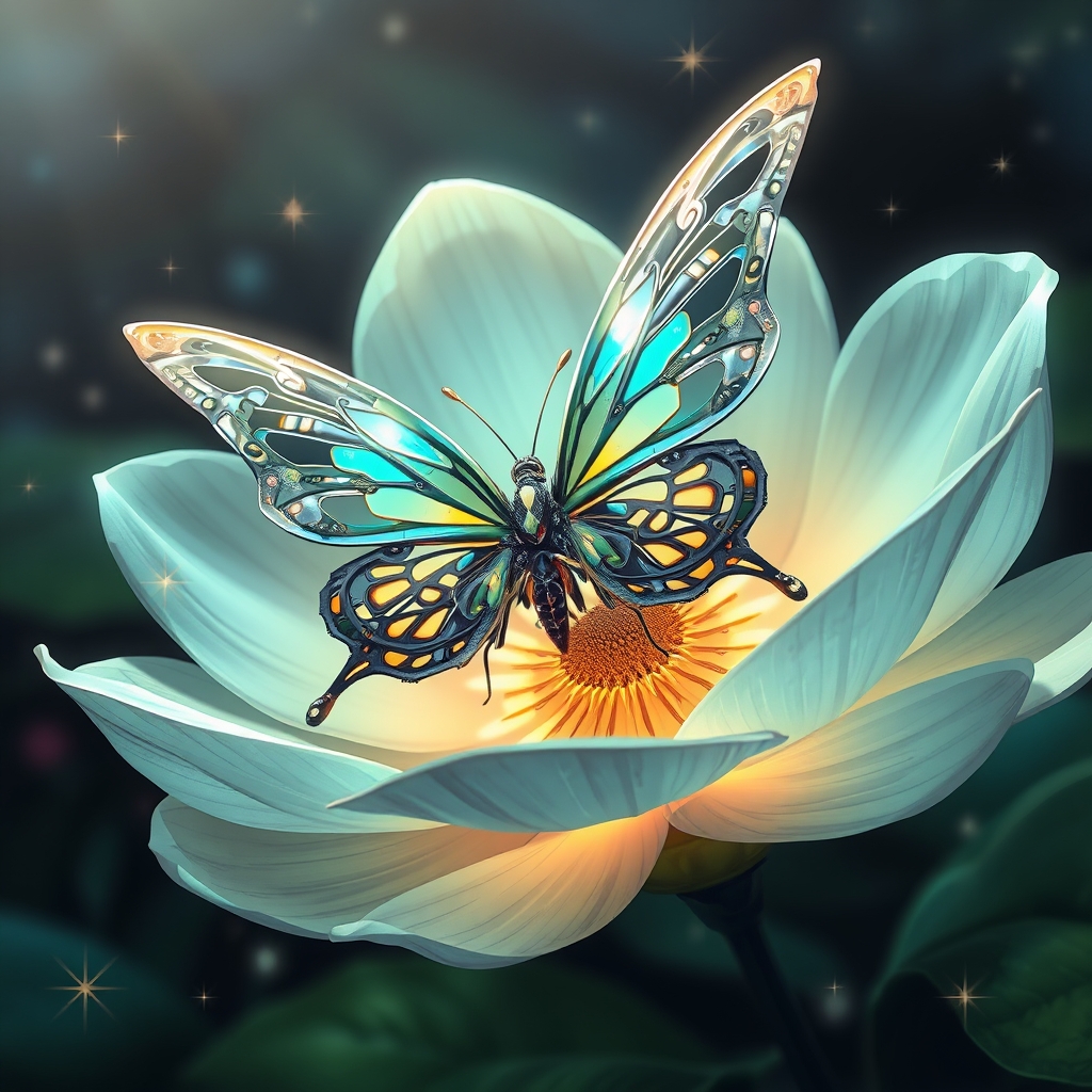 یک پروانه مکانیکی با بالهای فلزی، نشسته روی یک گل درخشان.10