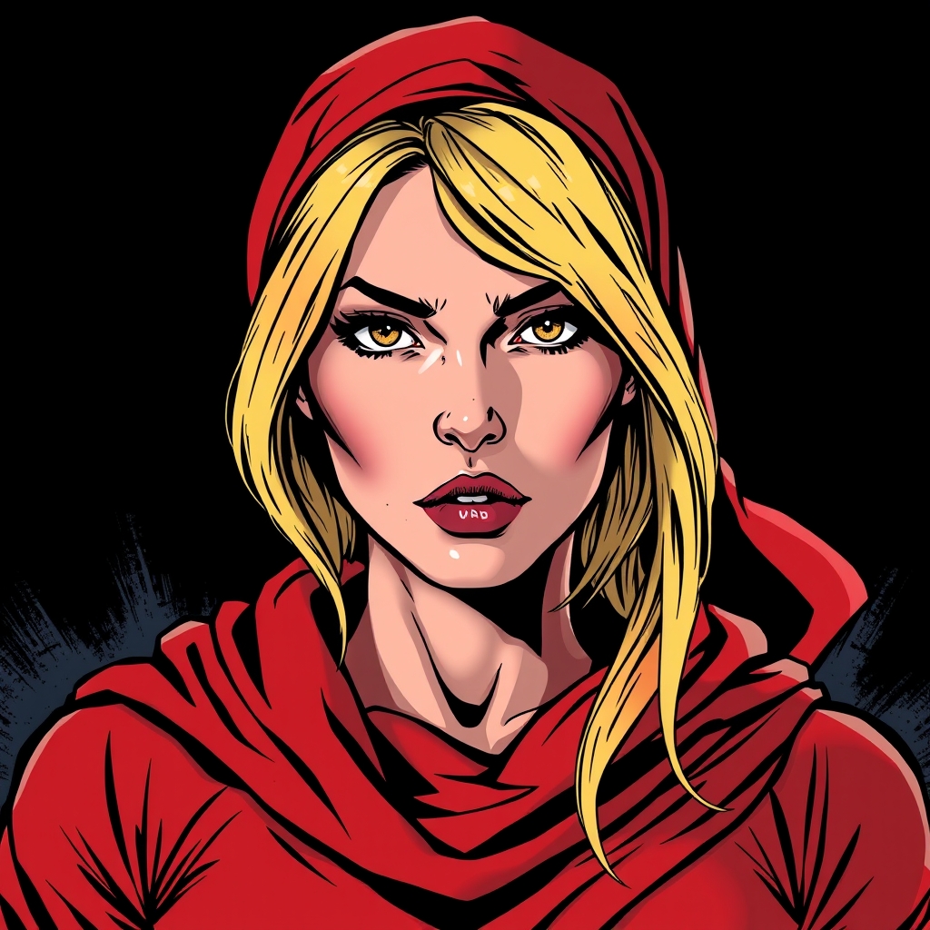 The image is a portrait of a woman with blonde hair, wearing a red garment. The background is dark, and the overall lighting creates a dramatic and intense atmosphere.6