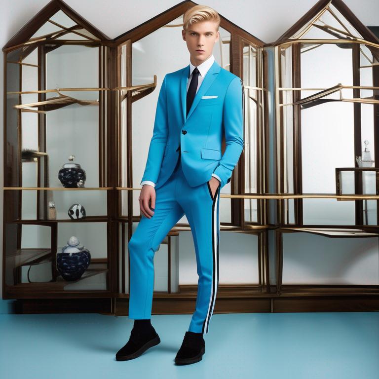 آقا پسر تقریبا ۲۱ ساله مو بلوند و پوست سفید و قد بلند و چشم آبی هوایی در سالن مد فشن شو با کت شلوار اسپرت مدرن امروزی19