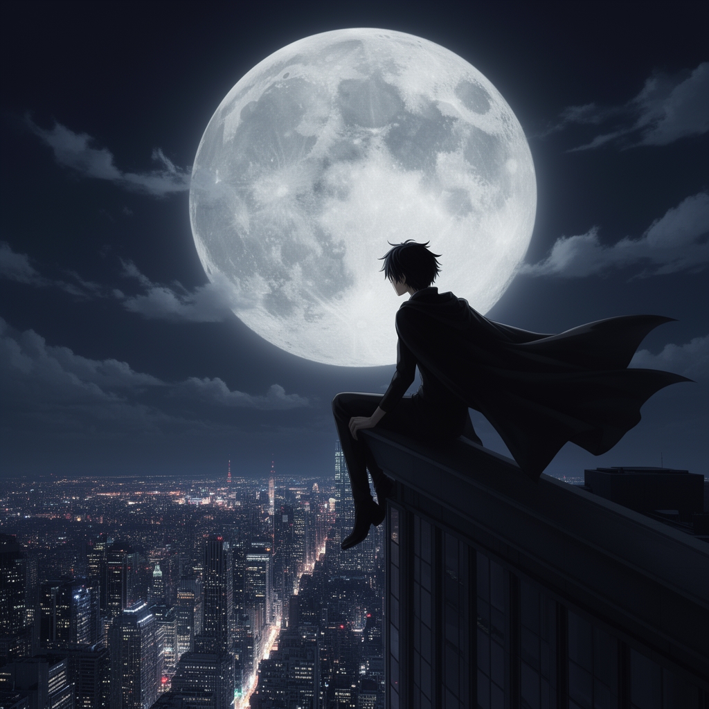 پسر انیمه‌ای با شنل سیاه که روی لبه یک ساختمان بلند در شب نشسته و به شهر نگاه می‌کند، ماه کامل بزرگ در پس‌زمینه.5
