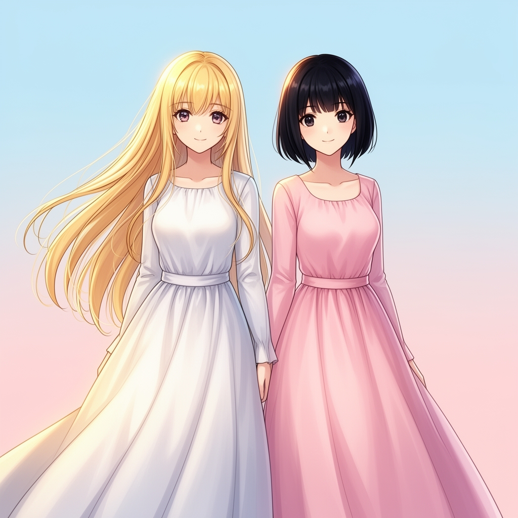 دو دختر انیمه ای زیبا با لباس سفید و صورتی و موهای بلوند و مشکی5