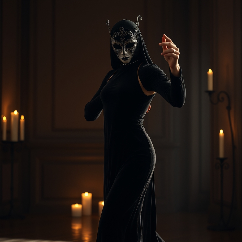 یک رقصنده نقاب‌دار مرموز در حال اجرا در اتاقی روشن با نور شمع.22