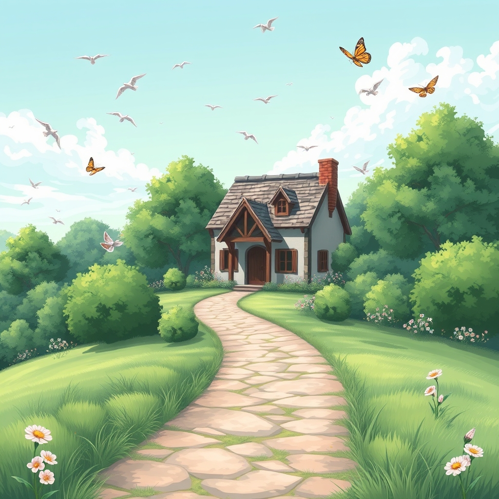 یک تصویر پس زمینه با طرح کلبه که با راهی پر پیچ و خم به کلبه میرسه کنار راه درخت های سبز و آسمان آبی کمرنگ و پرندگان در حال پرواز در آسمان و پروانه هایی که روی گل ها نشسته اند پس زمینه با تم رنگ سبز پسته ای ویخی حالت خمیری و باکیفیت 3