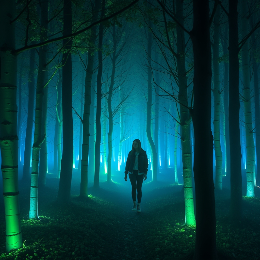 یک جنگل اسرارآمیز با درختانی از جنس نور، که با سایههای سبز و آبی به نرمی میدرخشند
و دختری با تیپ امروزی میان ان قدم میزند1