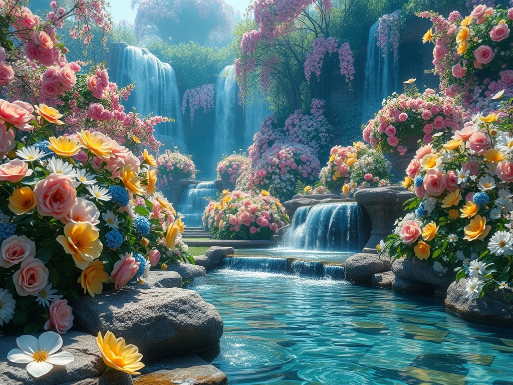 باغ بزرگ و افسانه ای پر گل سرخ لی لی یم زرد و سفید و اطلسی و شب بو
دورادور آبشارها روان به داخل برکه می ریزند وسط برکه زیر تونل افراشته از گل سرخ  و تونل روشن از هزاران شمع 
یک تشک گرم و نرم سفید با کوسن های قرمز پر شده با گلبرگ های سرخ دیده می شود
و سینی گرد و طلایی پر نان کره خامه عسل میوه و شیر و شیر برنج خوشه انگور سرخ سیاه زرد نزدیک تشک ست و
یک آینه تمام قد بلند از طلا کمی دورتر ایستاده11