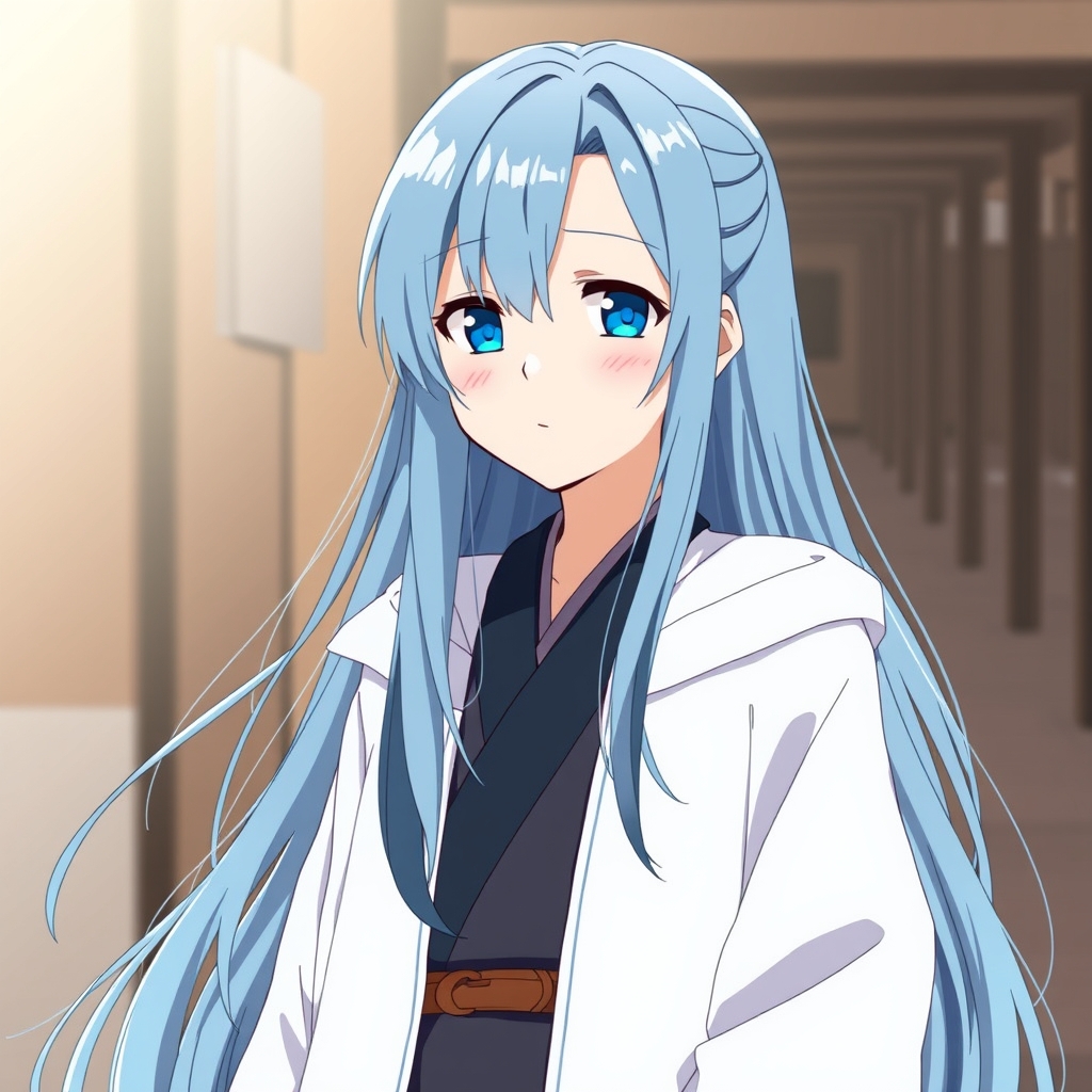 دختری با موهای بلند ترکیب آبی کمرنگ و سرمه ای و لباس بارونی بلند سفید 6