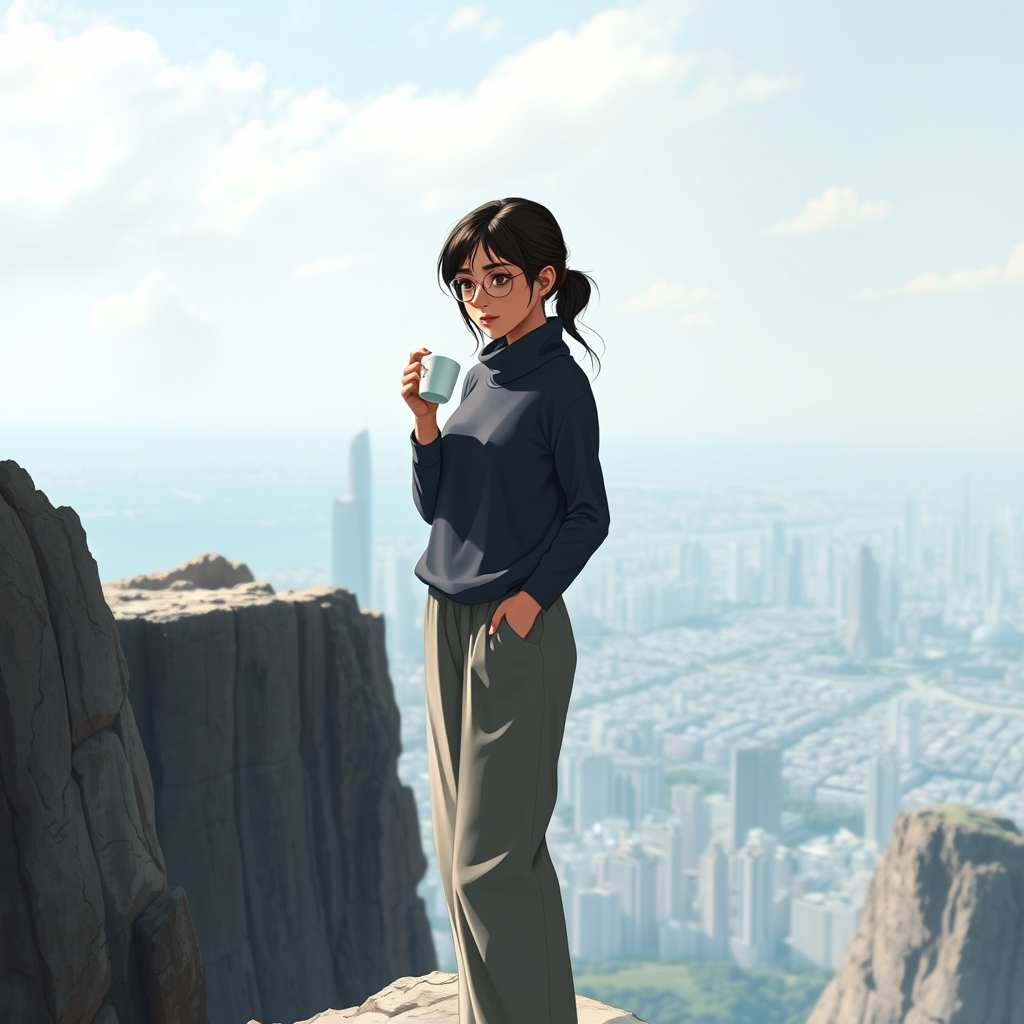 چهره ی دختری ناراحت که در روی صخره ای که ارتفاع زیادی دارد نصسته و قهوه مینوشد و شهر رو نگاه میکند 
وبالای تصویر نوشته یNazanin 🖤🖤 باشد
11