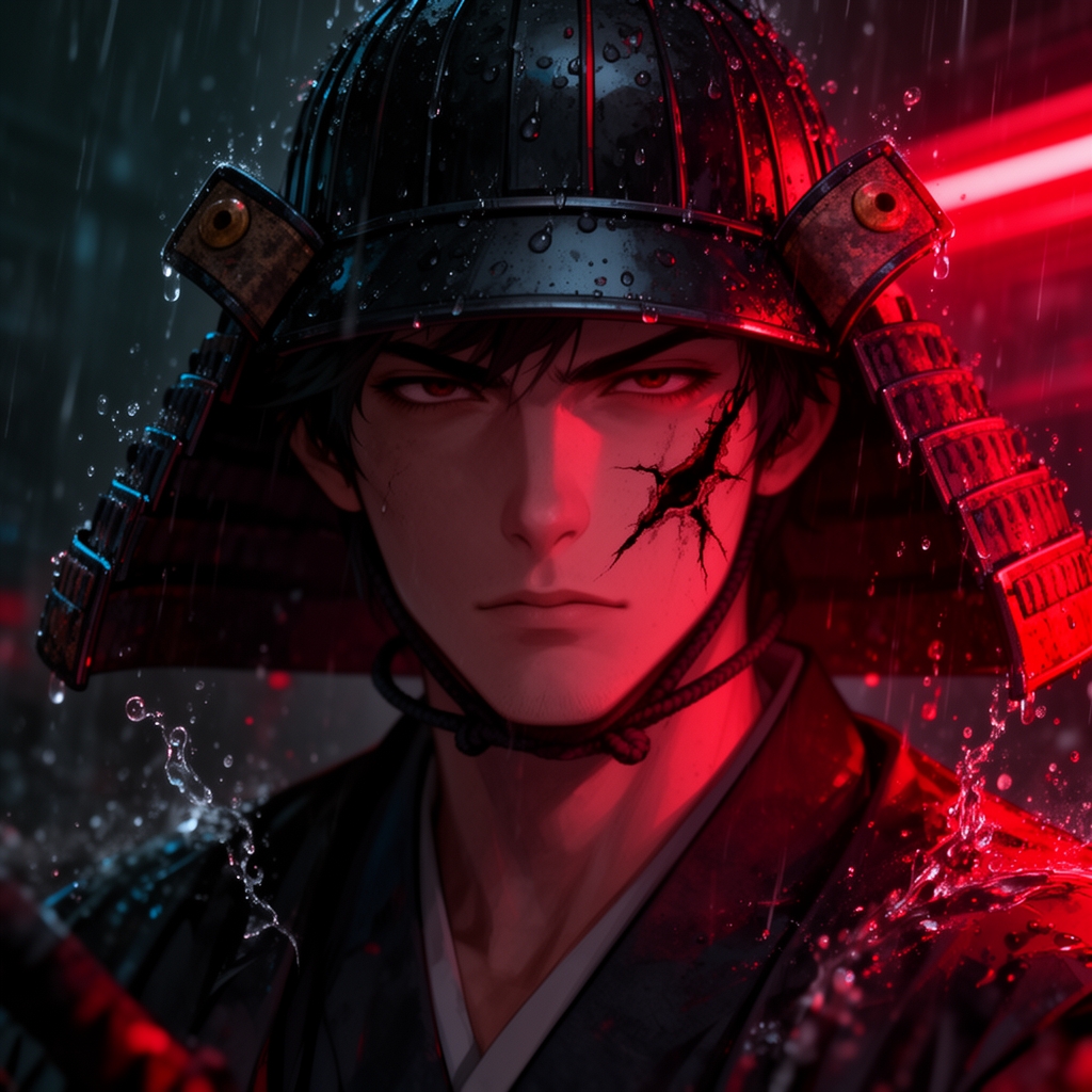 نمای نزدیک از چهره یک سامورایی انیمه با زخم روی صورت و نگاه جدی، باران شدید، نورپردازی دراماتیک قرمز، جزئیات بالا.0