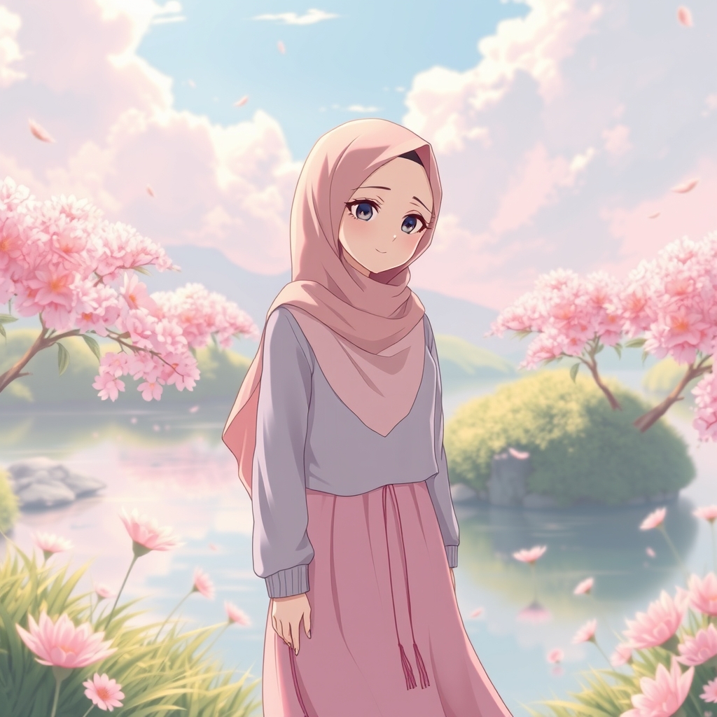 دختر باحجاب کامل با دامن صورتی و یک چادر صورتی کم رنگ در بهشت انیمه13