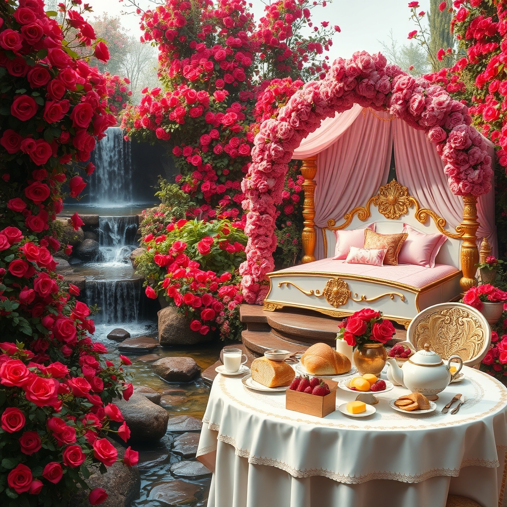 باغ گل رز سرخ در و دیوار زمین همه جا سرتاپای باغ با رز سرخ پوشیده شده 
آبشاران جاری اند
رودها به هم می ریزند
یک طاق گل صورتی 
یک تخت خواب سفید طلایی با کوسن صورتی 
یک میز سفید و طلایی مجلل صبحانه 
پر نان کره خامه عسل مربا شیر میوه 16