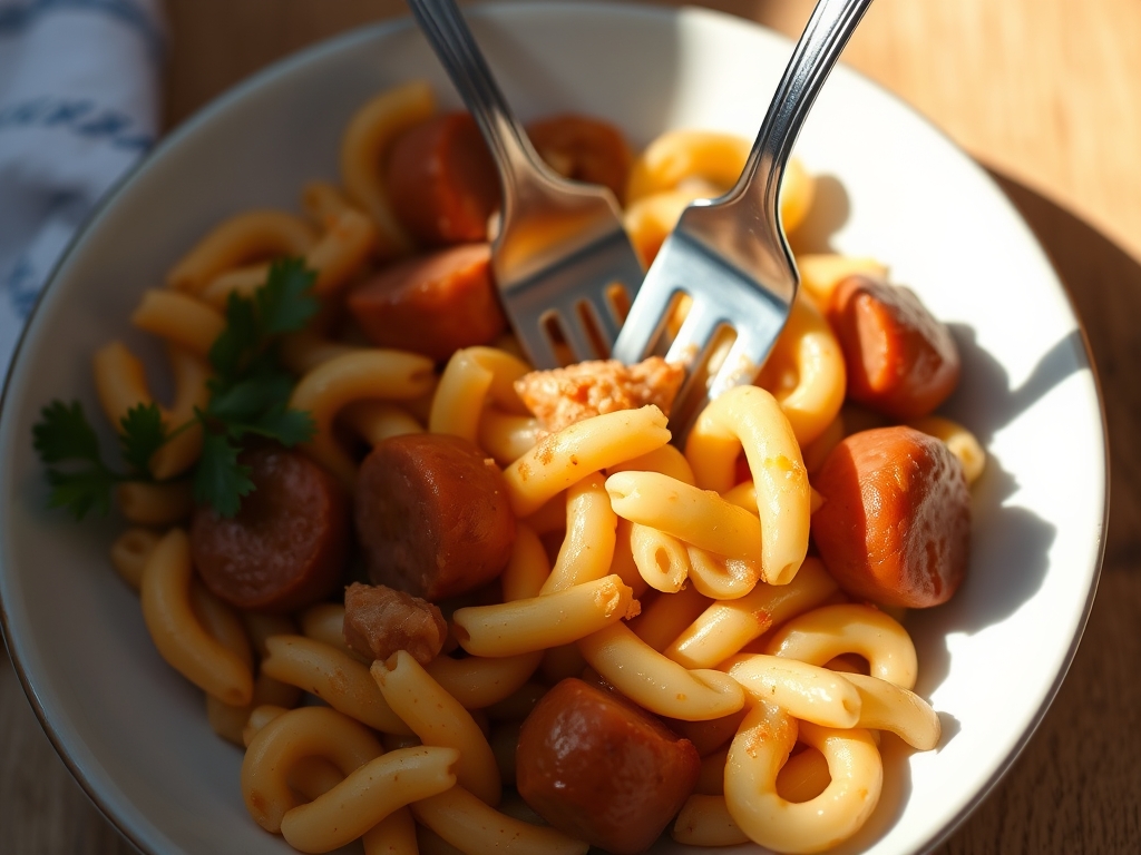 عکس یک بشقاب ماکارانی با سوسیس سیزیف جات که یک چنگال داخلش است19