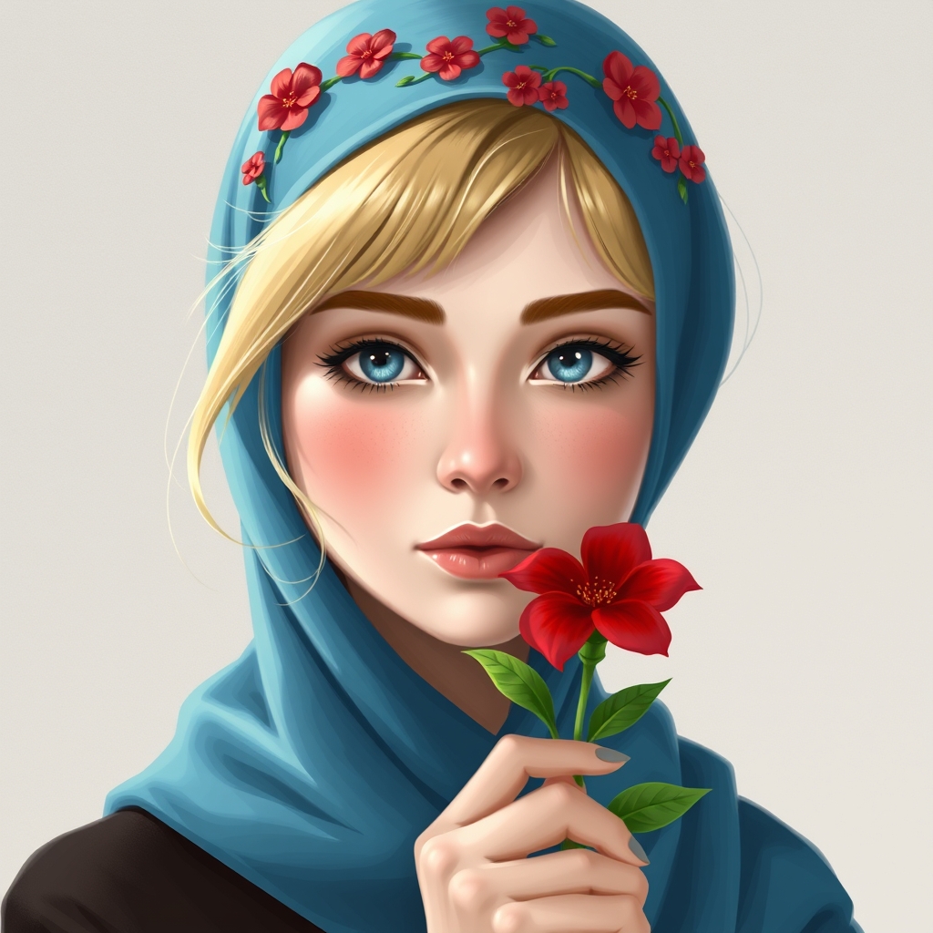 The image is a hand-drawn portrait of a person with blonde hair wearing a blue headscarf with red flowers. The person is holding a red flower with green leaves near their face.10