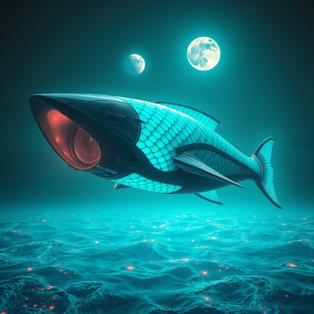 یک سفینه فضایی آیندهنگر به شکل موجود دریایی، در حال پرواز بر فراز یک اقیانوس بیگانه.15