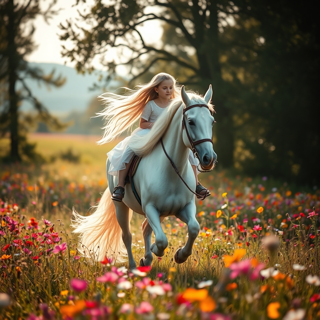 دختری زیبا با موهای بلند و سفید در چمن زاری زیبا و پر از گل سوار بر اسب سفید زیبا می تازد10