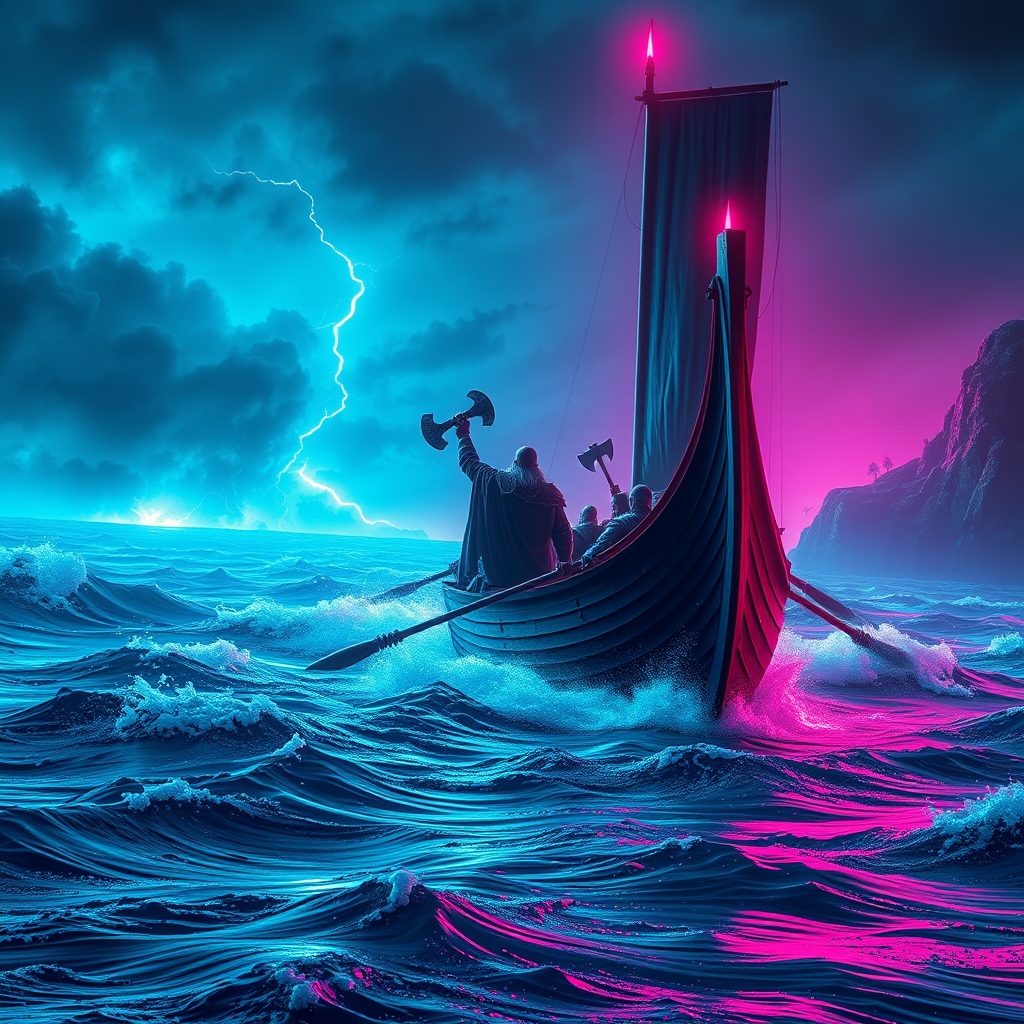 وایکینگ ها سوار کشتی های خیلی بلند و در دریای خوروشان پارو میزنند و به ساحل نزدیک اند و فرمانده ی انها در ابتدای کشتی تبر بزرگش را بالا برده22