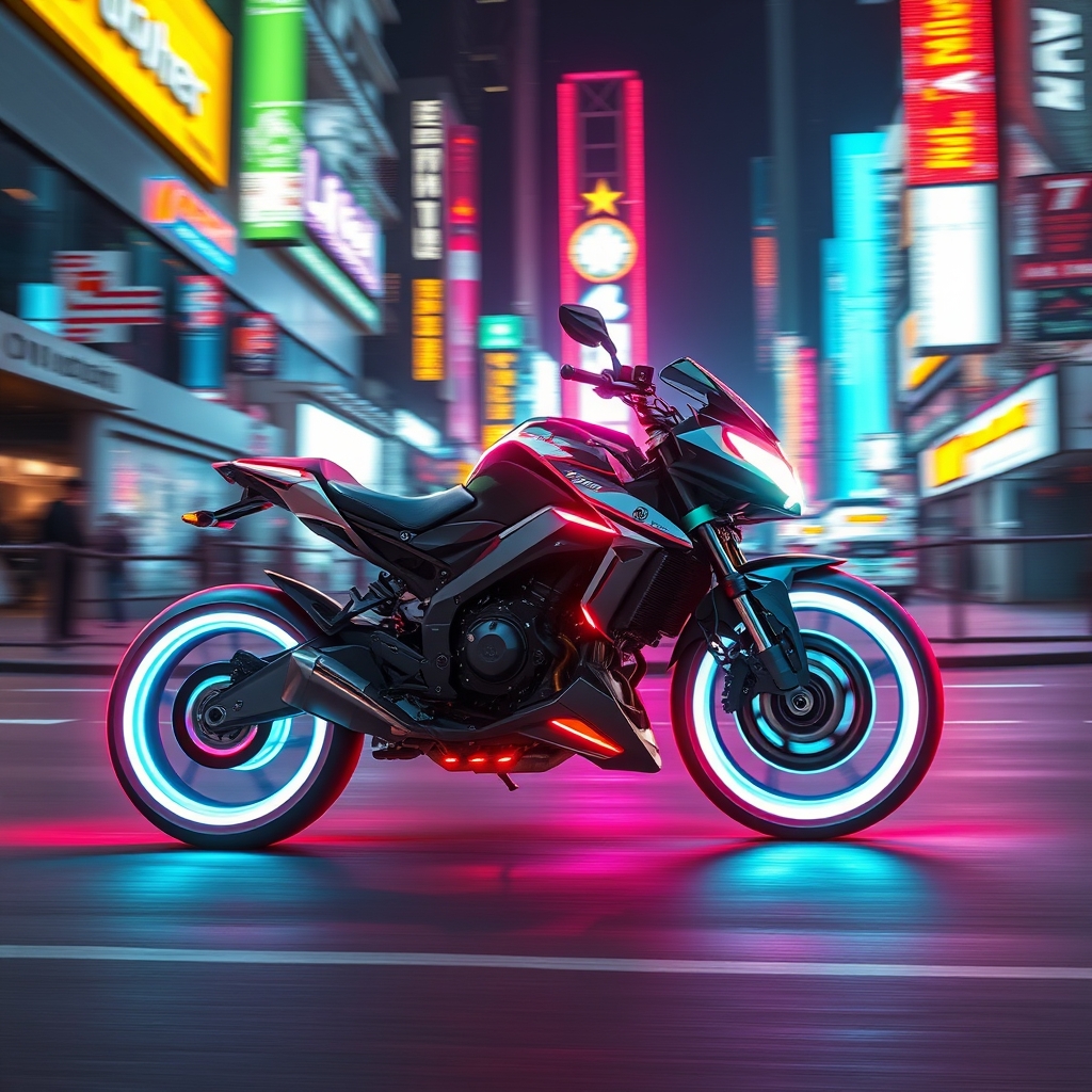 یک موتورسیکلت آینده‌نگر با چرخ‌های هولوگرافیک، در حال حرکت با سرعت در شهری با نورهای نئون.3