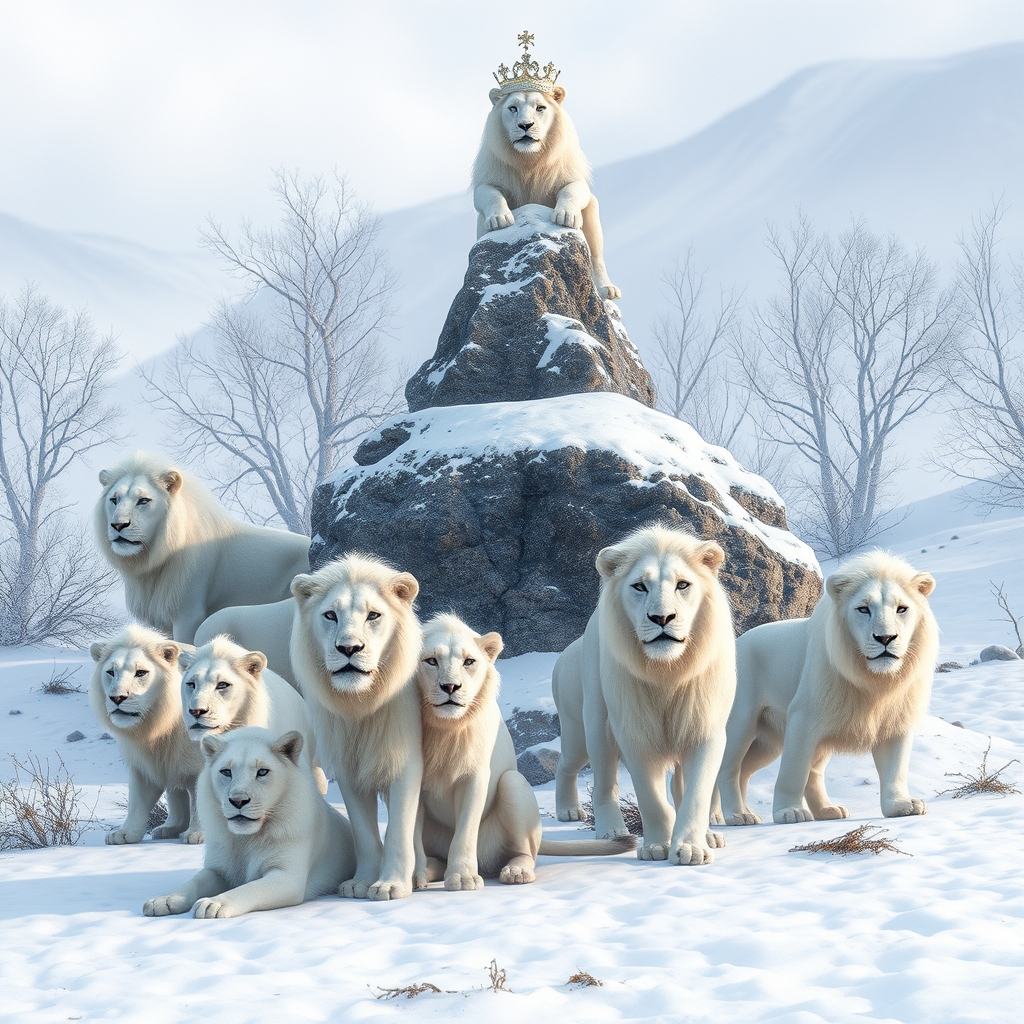 یک گله شیر سفید میان زمین پوشیده بر برف و پادشاه انها بر روی سنگ است10