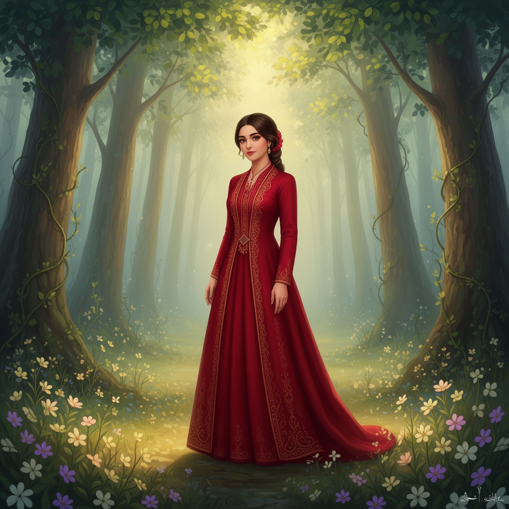 یک دختر خوشکل با لباس قاجار قرمز که در یک جنگل خوشکل هسته1