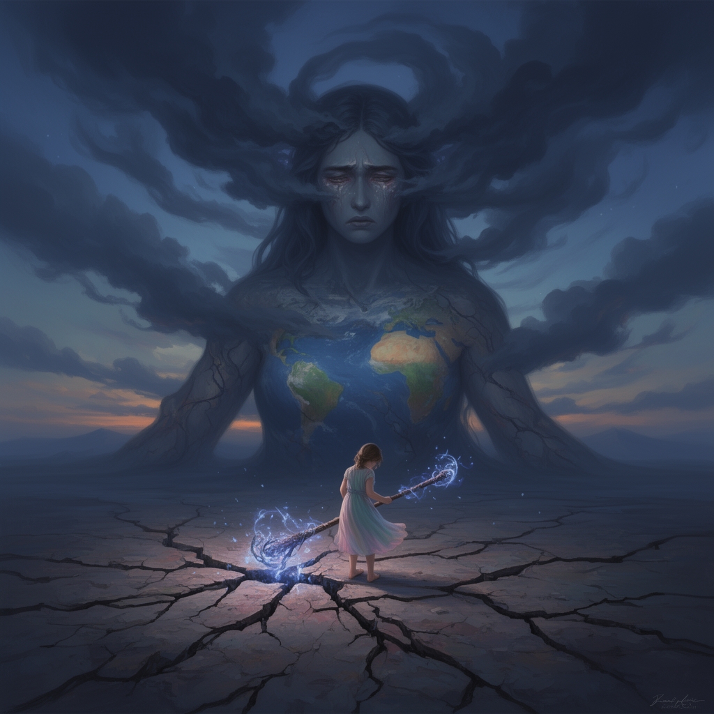 عکس یه دختر که مادرش خود زمین هست اما اون این رو نمی دونه و درحال خراب کردن زمین هست و کاملا مشخصه که مادرش در حال رنج و عذاب هست مثل ما انسان ها که در حال تخریب زمین هستیم4