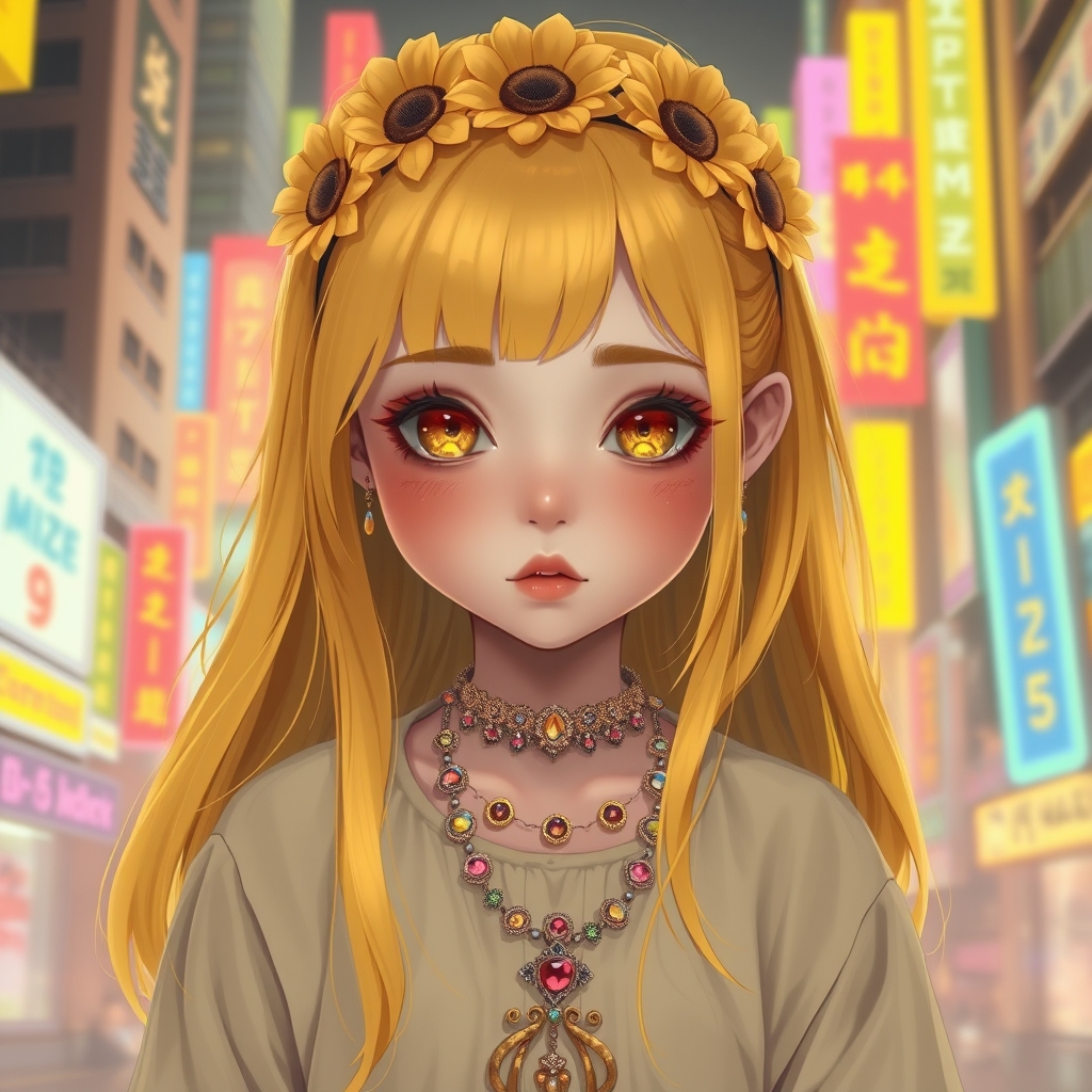 عکس یک دختری که موهای زرد پاستیلی داری و چشماشم عسلیه صورت سفیدی داره و ابرو و مژه‌های پرپشتی داره و گونه‌ها و لب‌های سرخی داره ایشون یک تل آفتابگردون خیلی خوشگل که رو سرش گذاشته و لباس حالت پاچون داره و پر از بدلی چات هستش ایشون کفش پاشنه بلند به رنگ زرد پاستیلی دارد و در یک مکان رویایی طعم زرد پاستیلی داره که رویاست11